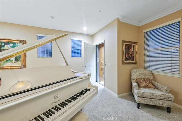 miscellaneous room featuring light carpet and crown molding