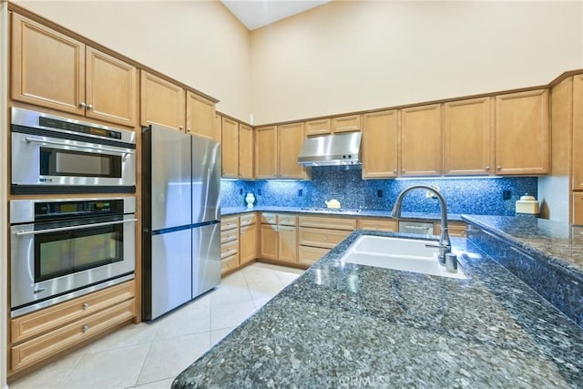 kitchen featuring dark stone counters, sink, and stainless steel appliances