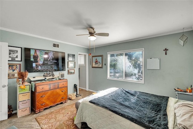 bedroom with ceiling fan and ornamental molding