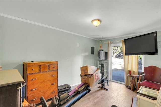 interior space with light wood-type flooring and ornamental molding