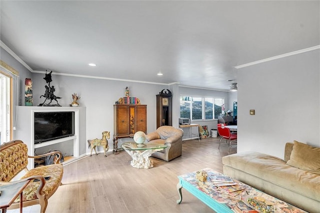 living room featuring light wood-type flooring, ceiling fan, and ornamental molding