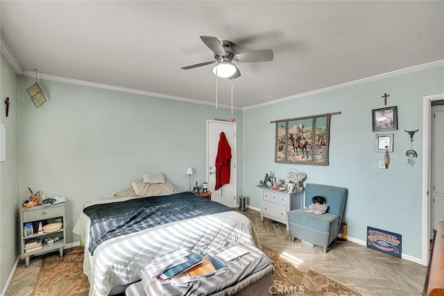 bedroom with ceiling fan, parquet flooring, and crown molding