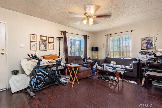 interior space with ceiling fan, dark hardwood / wood-style flooring, a healthy amount of sunlight, and a textured ceiling