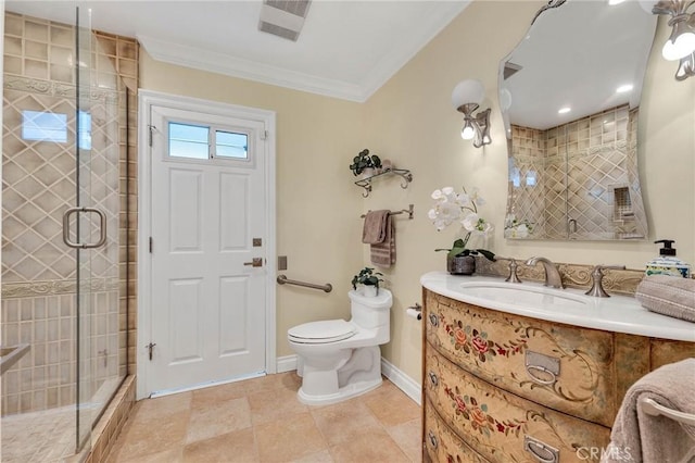 bathroom with vanity, crown molding, tile patterned flooring, toilet, and a shower with shower door