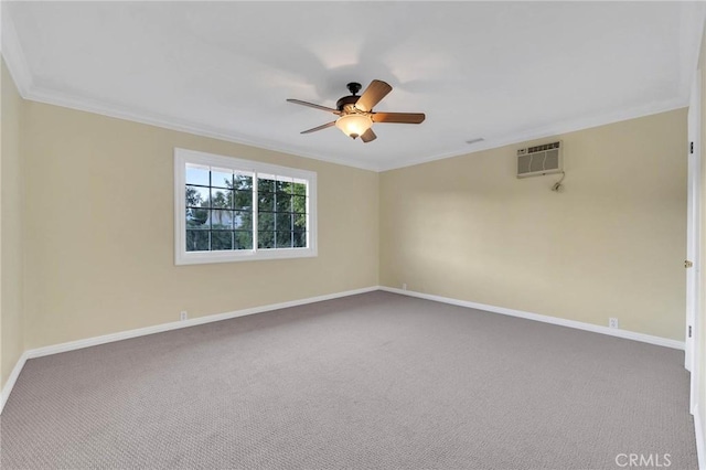 carpeted spare room with an AC wall unit, ceiling fan, and ornamental molding