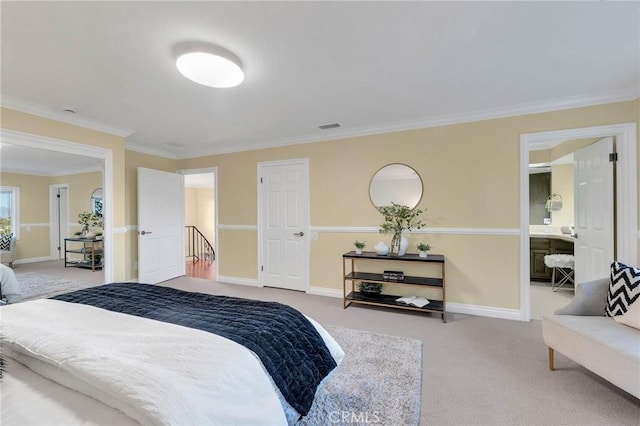 carpeted bedroom with crown molding