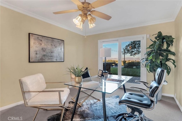 office area with crown molding, carpet, and ceiling fan