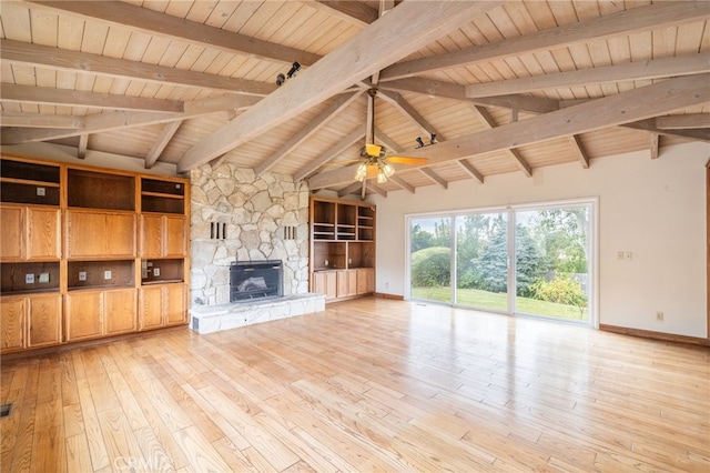 unfurnished living room with beam ceiling, a fireplace, wooden ceiling, and light hardwood / wood-style flooring