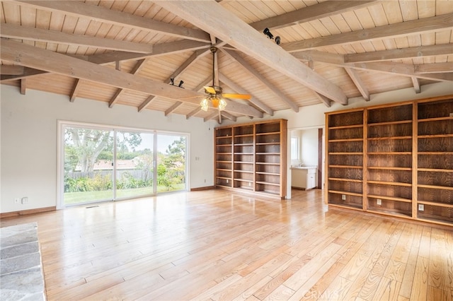 unfurnished living room with light wood-type flooring, lofted ceiling with beams, ceiling fan, and wood ceiling