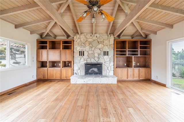 unfurnished living room featuring vaulted ceiling with beams, light hardwood / wood-style floors, wood ceiling, and a fireplace