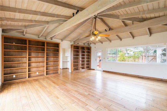 unfurnished living room featuring lofted ceiling with beams, wood ceiling, and light hardwood / wood-style floors