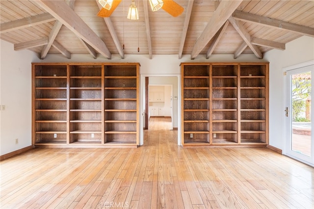 empty room with wood ceiling, lofted ceiling with beams, ceiling fan, and wood-type flooring