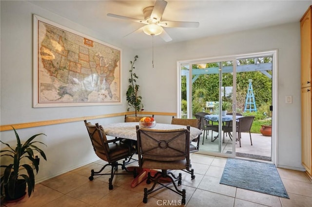 dining room featuring ceiling fan and light tile patterned flooring