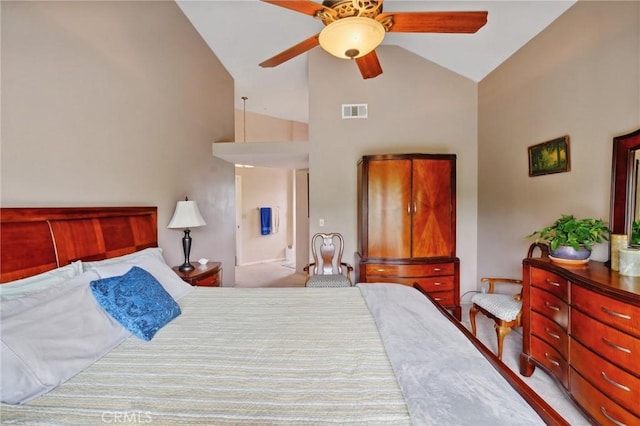 bedroom featuring ceiling fan and high vaulted ceiling