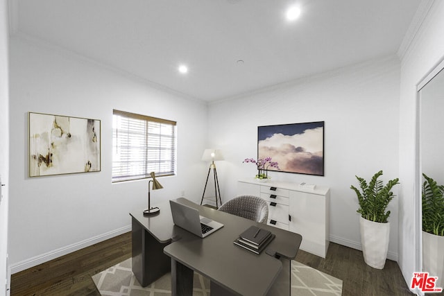 office with ornamental molding and dark wood-type flooring