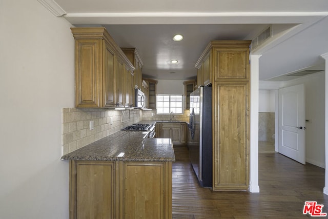 kitchen with dark hardwood / wood-style floors, dark stone countertops, sink, and appliances with stainless steel finishes