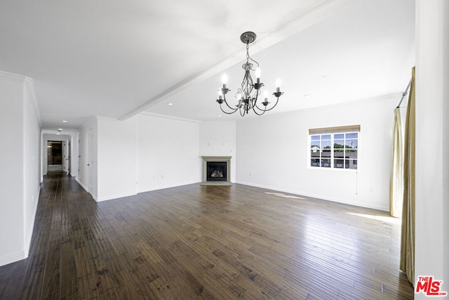 unfurnished living room with a chandelier, beamed ceiling, and dark wood-type flooring