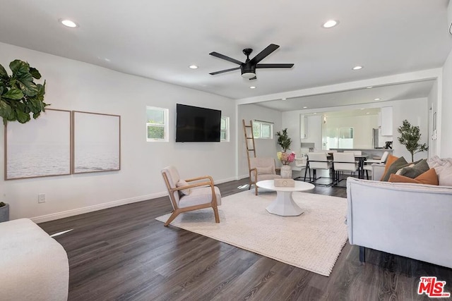 living room featuring ceiling fan and dark hardwood / wood-style flooring