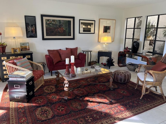 living room with light tile patterned floors