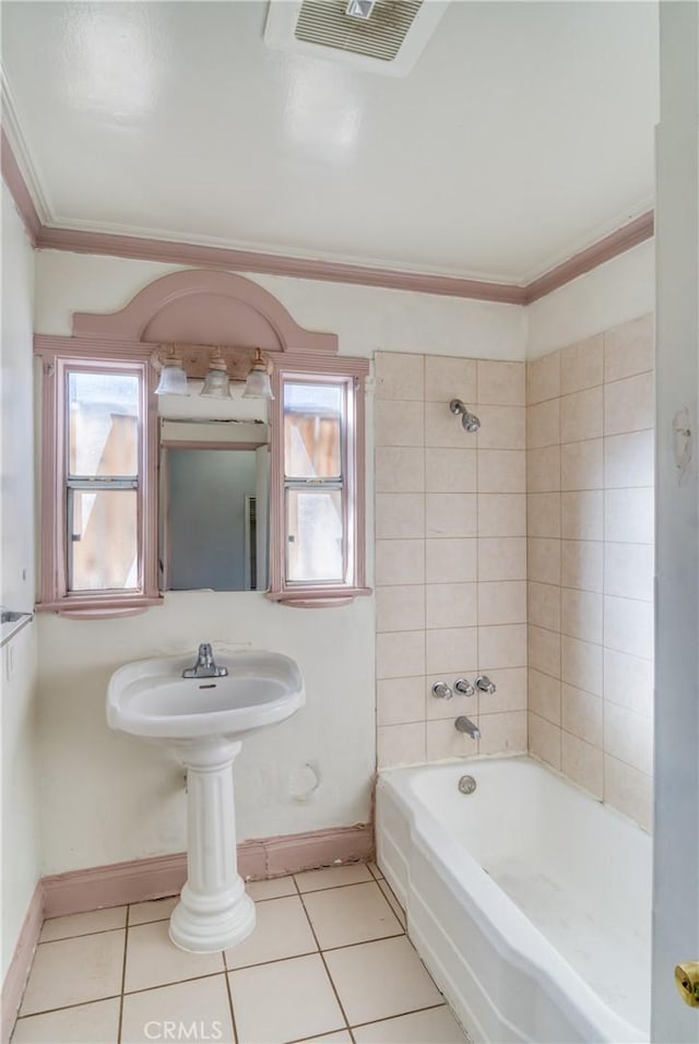 full bath with tile patterned floors, visible vents, shower / tub combination, and ornamental molding