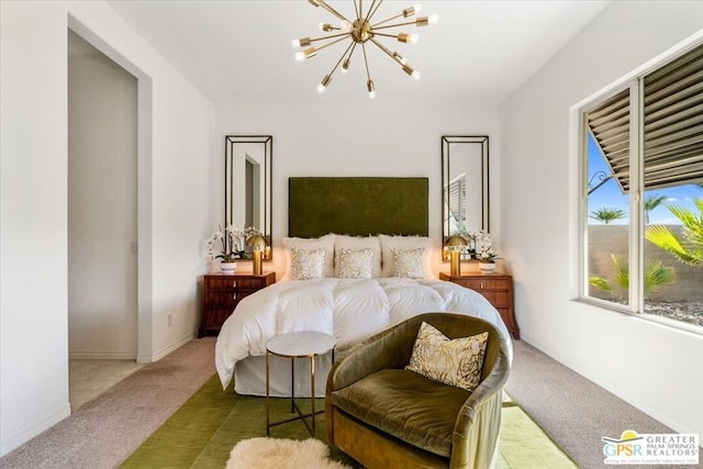 carpeted bedroom with a notable chandelier