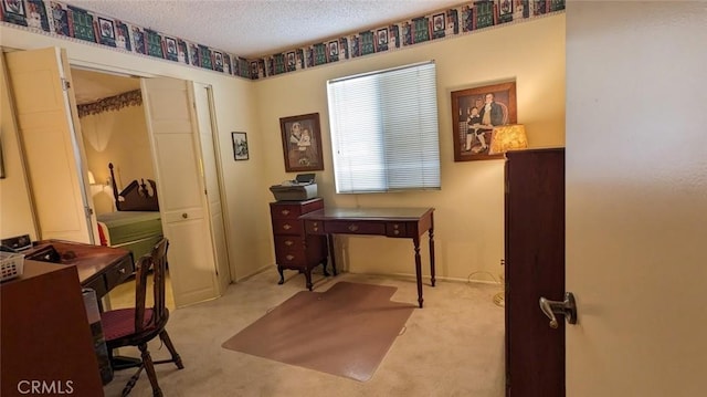 home office with light colored carpet and a textured ceiling