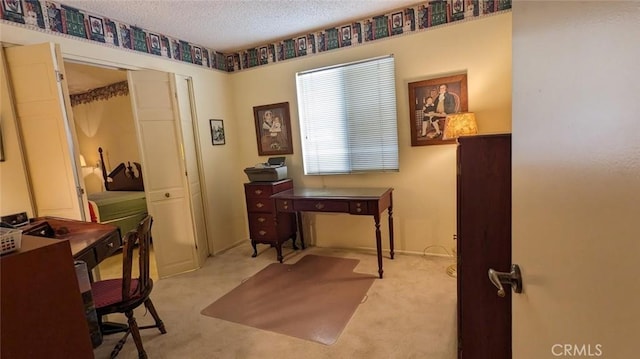 home office featuring light colored carpet and a textured ceiling