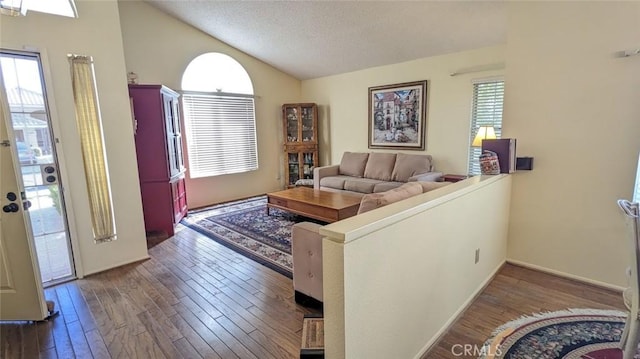 living room featuring hardwood / wood-style floors, lofted ceiling, and a textured ceiling