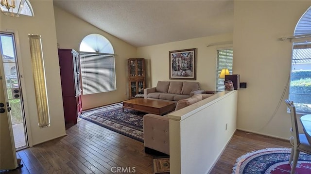 living room featuring a wealth of natural light, dark hardwood / wood-style flooring, high vaulted ceiling, and a textured ceiling