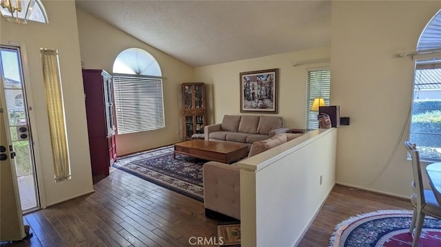 living room featuring lofted ceiling, dark hardwood / wood-style flooring, and a textured ceiling