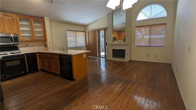 kitchen featuring stainless steel microwave, dark wood-style flooring, gas range, dishwasher, and a peninsula