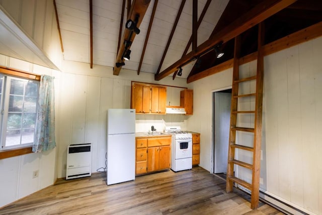 kitchen featuring vaulted ceiling with beams, ventilation hood, heating unit, white appliances, and light wood-type flooring