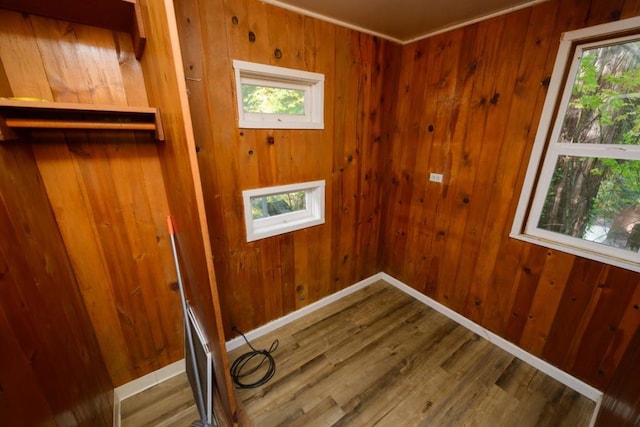 doorway to outside with a healthy amount of sunlight, wood-type flooring, and wooden walls