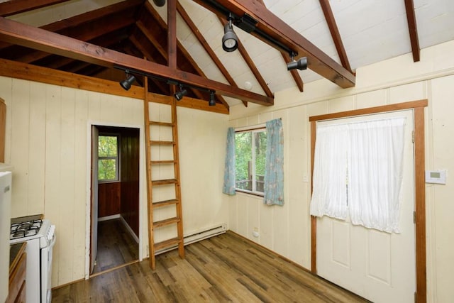 interior space featuring vaulted ceiling with beams, wood walls, and dark hardwood / wood-style flooring