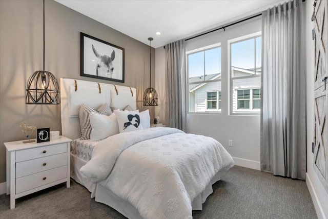 bedroom with dark colored carpet