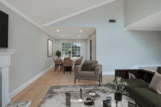 tiled living room with lofted ceiling