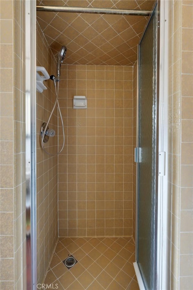 bathroom featuring a shower with door