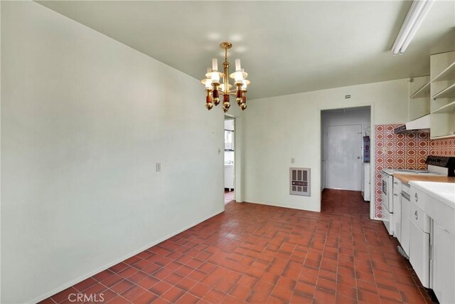 32222 Richard St, Lucerne Valley, CA 92356 - kitchen with a chandelier, tasteful backsplash, heating unit, open shelves, and white range with electric stovetop