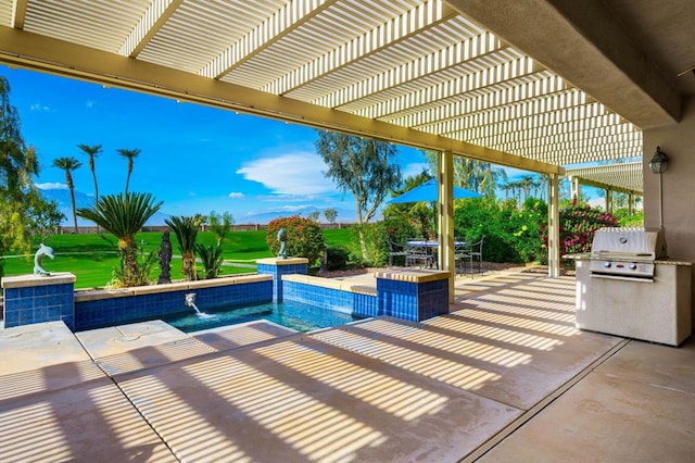 view of swimming pool featuring a patio area, grilling area, pool water feature, and a pergola