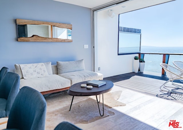 living room featuring a water view and wood-type flooring