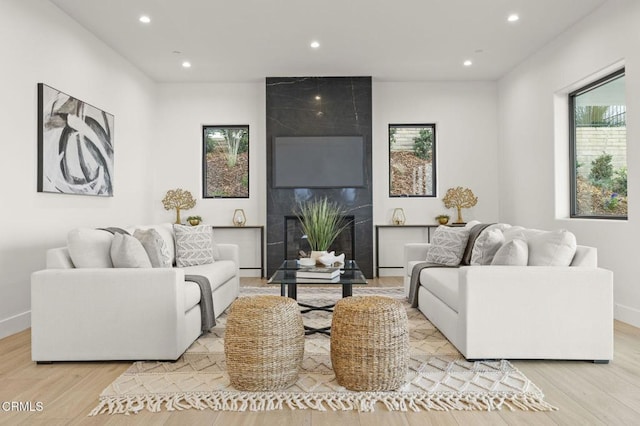 living room featuring a tile fireplace, light hardwood / wood-style flooring, and a healthy amount of sunlight