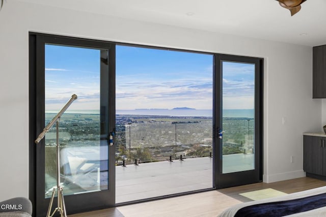 bedroom featuring a mountain view, french doors, and light hardwood / wood-style floors