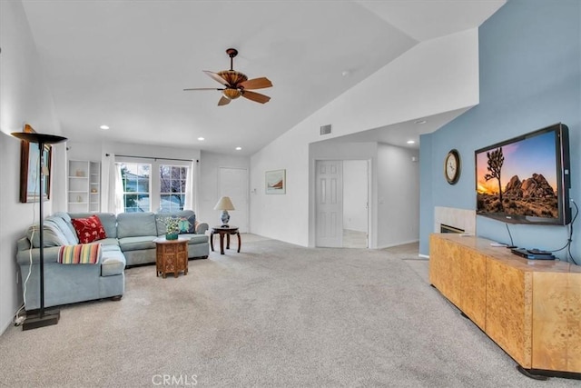 8550 Condalia Ave, Yucca Valley, CA 92284 - living room featuring lofted ceiling, a ceiling fan, carpet floors, and recessed lighting