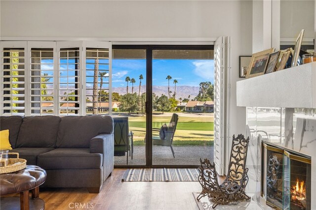 entryway with a mountain view, plenty of natural light, a high end fireplace, and wood-type flooring