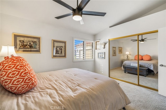 bedroom with a closet, carpet flooring, and ceiling fan