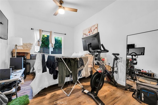 workout room with wood-type flooring and ceiling fan