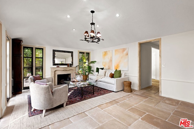 living room with a chandelier