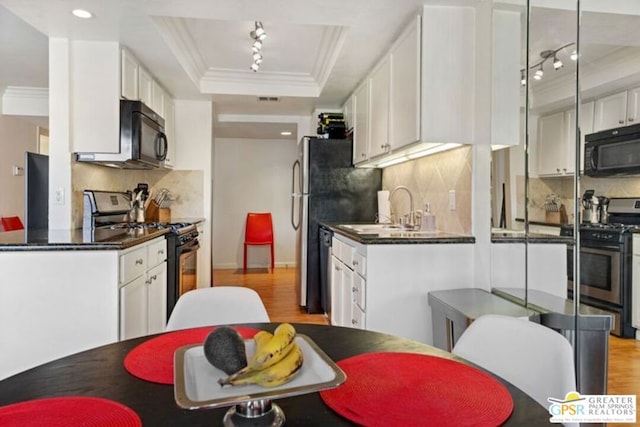 kitchen with white cabinets, gas stove, and a tray ceiling