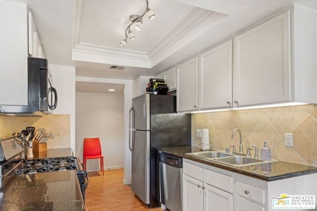 kitchen with sink, a raised ceiling, white cabinetry, and stainless steel appliances