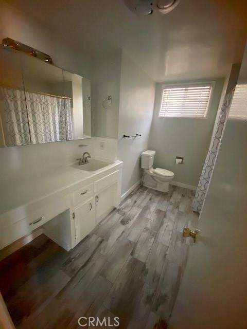 bathroom featuring vanity, hardwood / wood-style flooring, and toilet